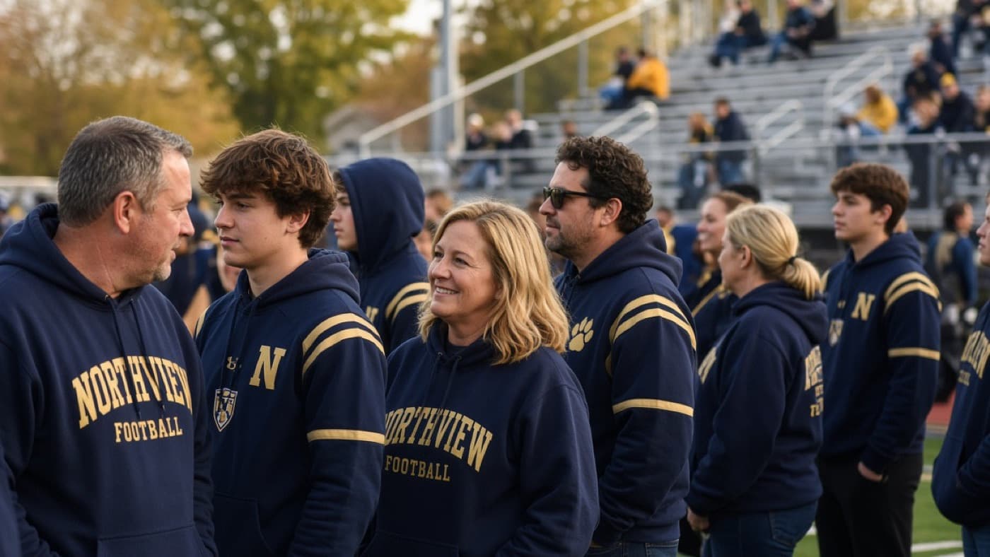 Parents and students gathered together on the sideline of a school sports field