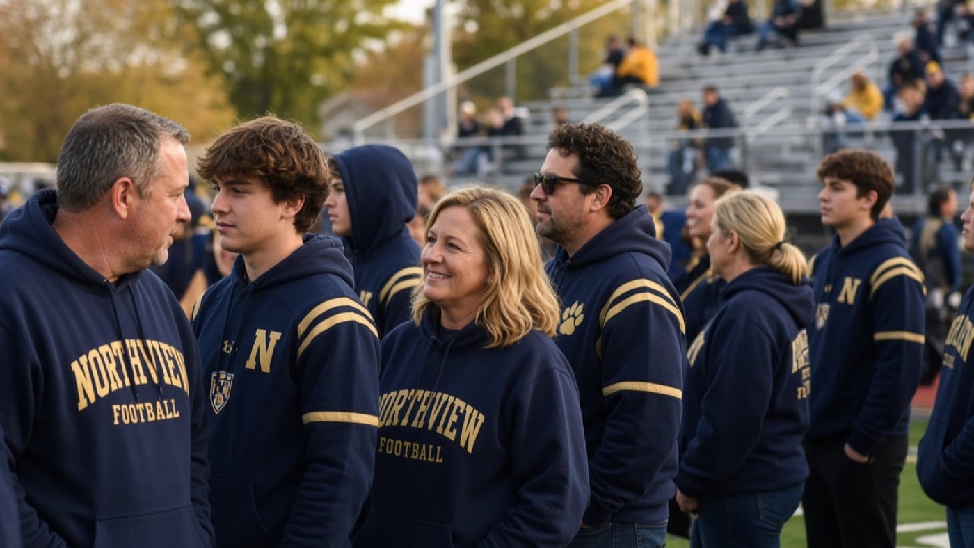Parents and students standing together on a sideline at a school sports field
