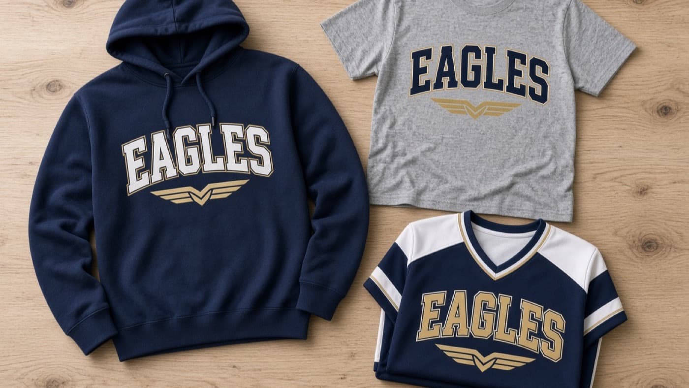 Folded printed team apparel arranged on a plain surface