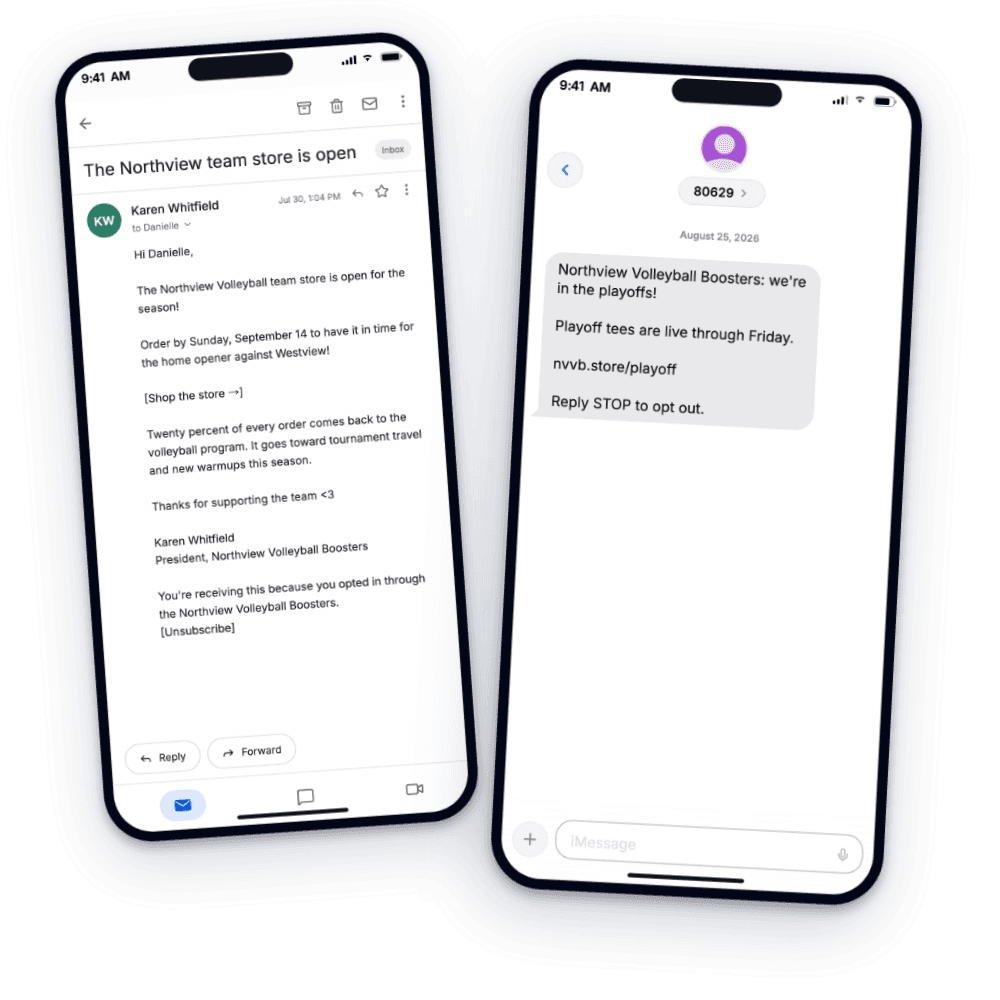 Two phones side by side: a text message announcing a school store is open for playoffs, and an email from a booster club president with an order deadline