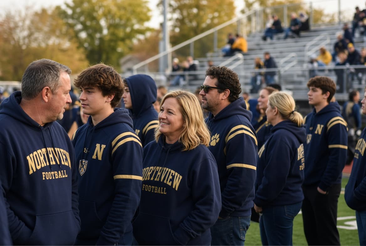 Parents and student athletes on the sideline in matching team spirit wear